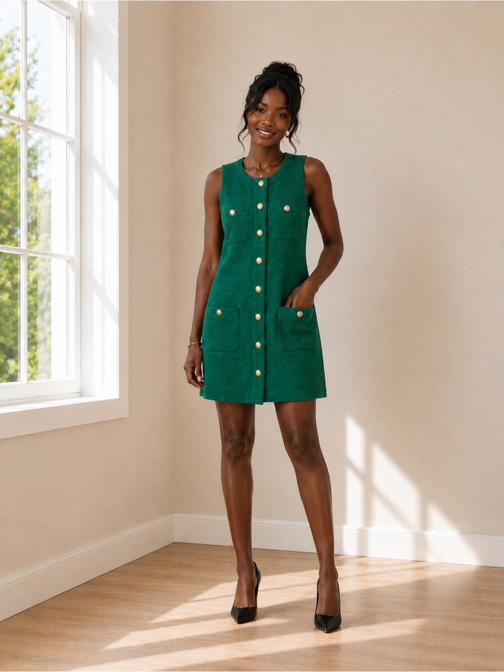 Ann Taylor Sleeveless Green Tweed Button-Front Mini Dress